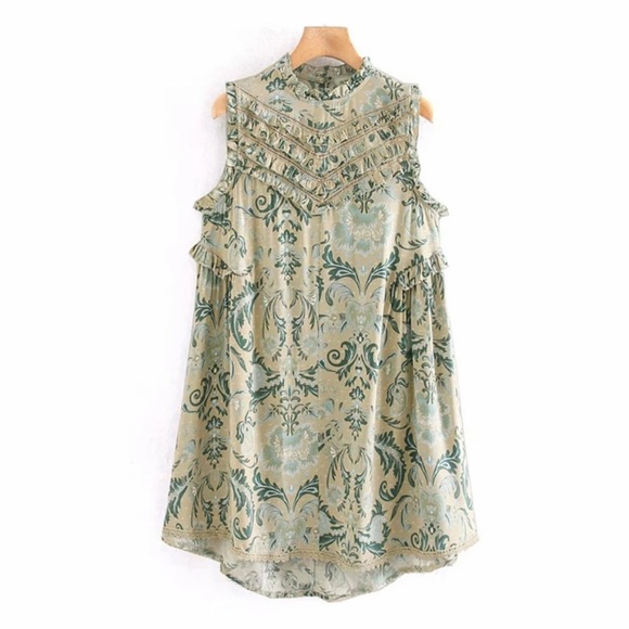 Boho Floral Gypsy Print Tank Ruffle Mini Dress - Picture 2 of 7